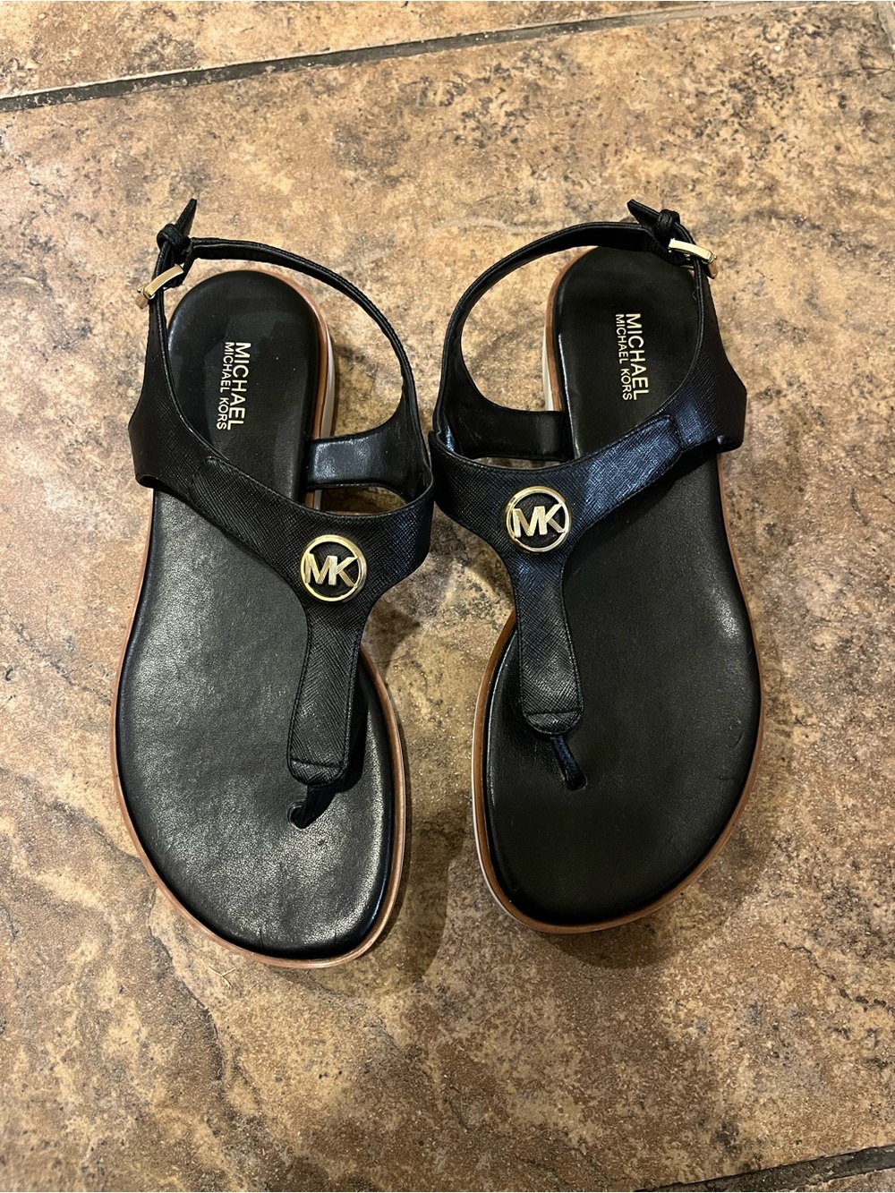 Michael Kors Black Leather MK Logo Thong Sandals with Gold Accent